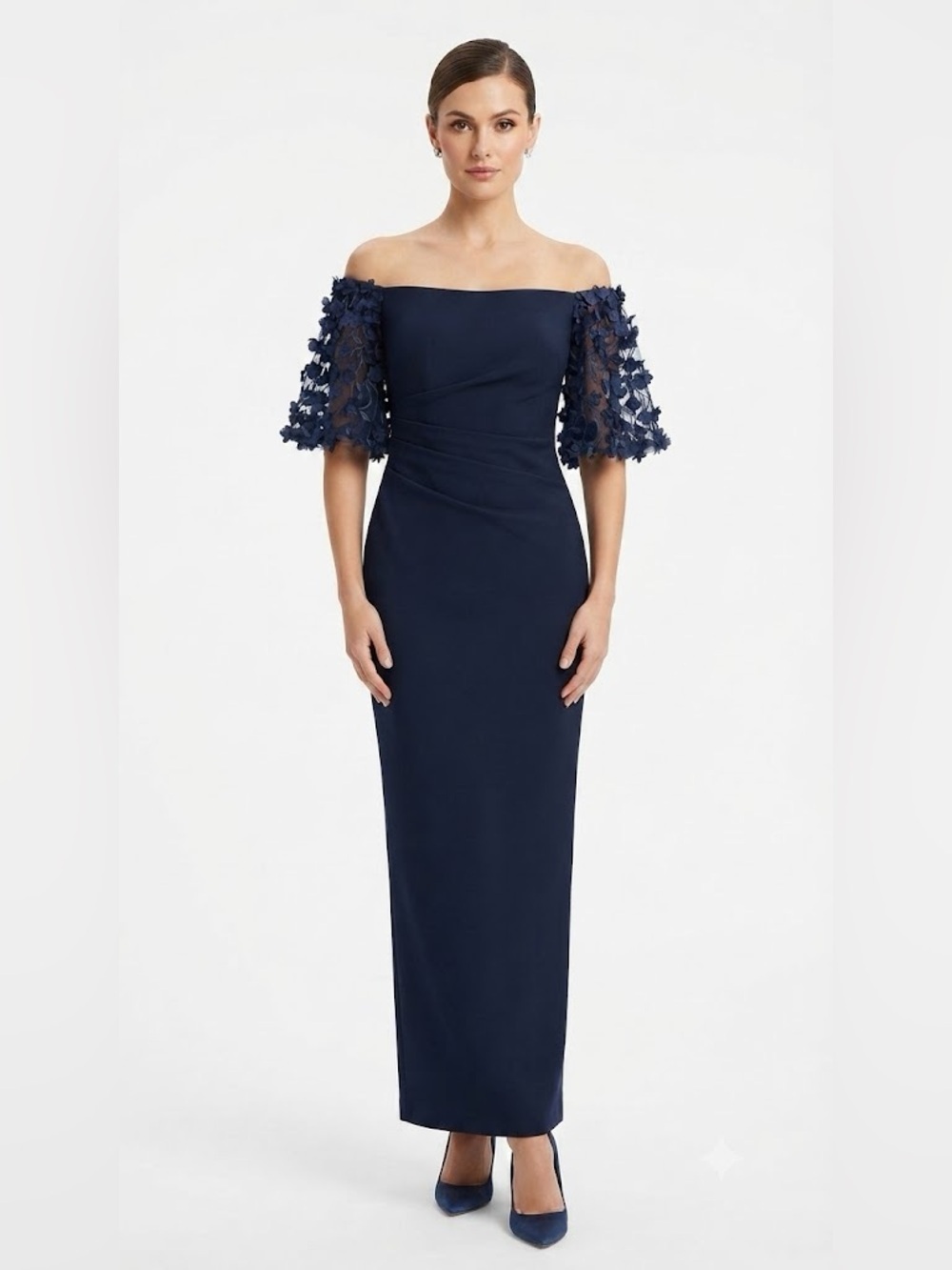 Xscape Navy One-Shoulder Evening Gown with 3D Floral Sleeves Formal - Picture 2 of 16